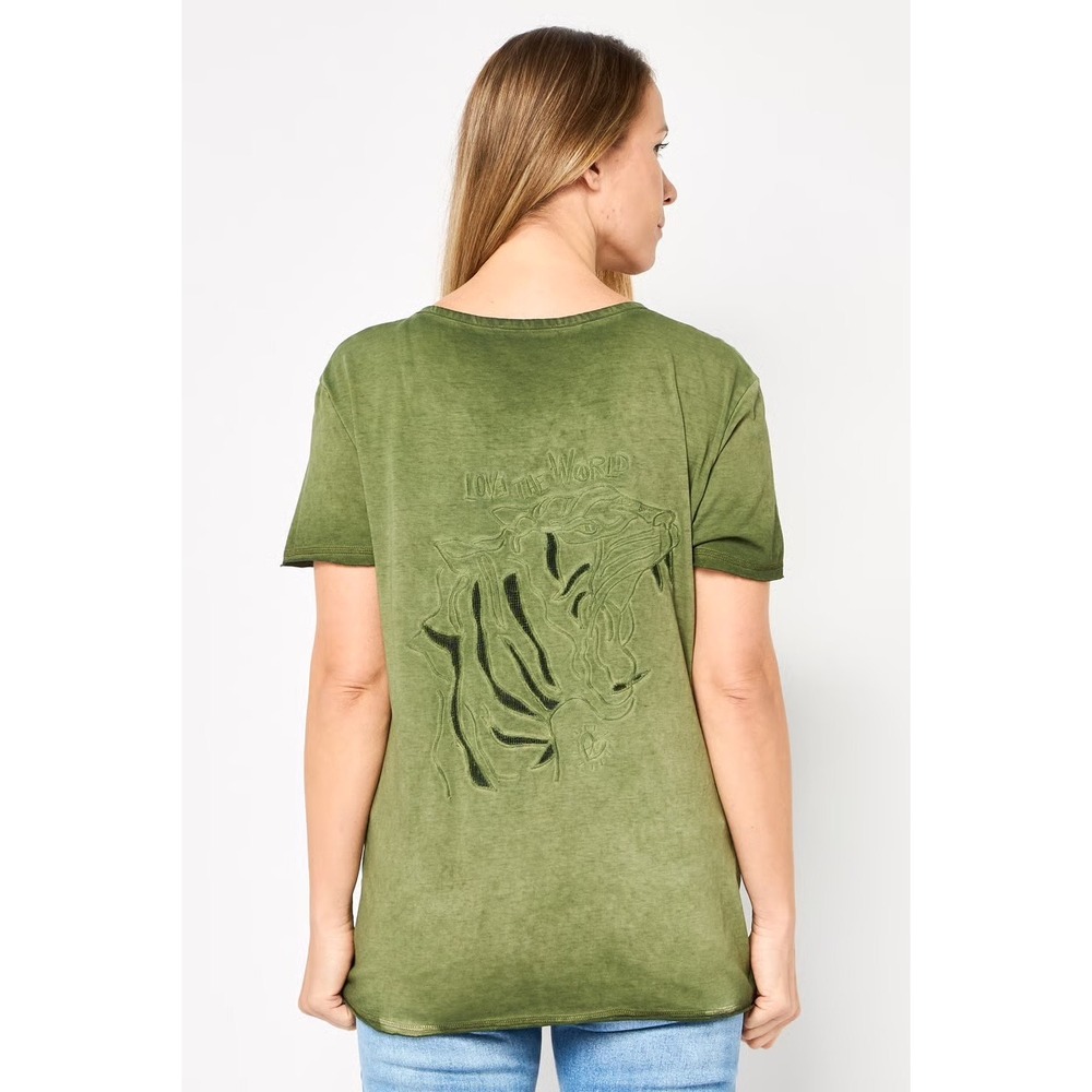 Desigual Olive Green V-Neck T-Shirt Tiger Graphic Embroidered Size M